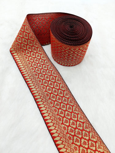 Jacquard Saree Border, Red And Gold Woven Thread Work Trim, Jacquard Trimming Decorative Trim